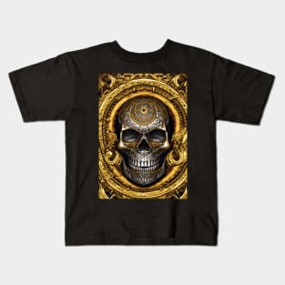 Skull With Gold Ornaments | Gold Skull Artwork | Armored Skull | Dystopian Skull Kids T-Shirt